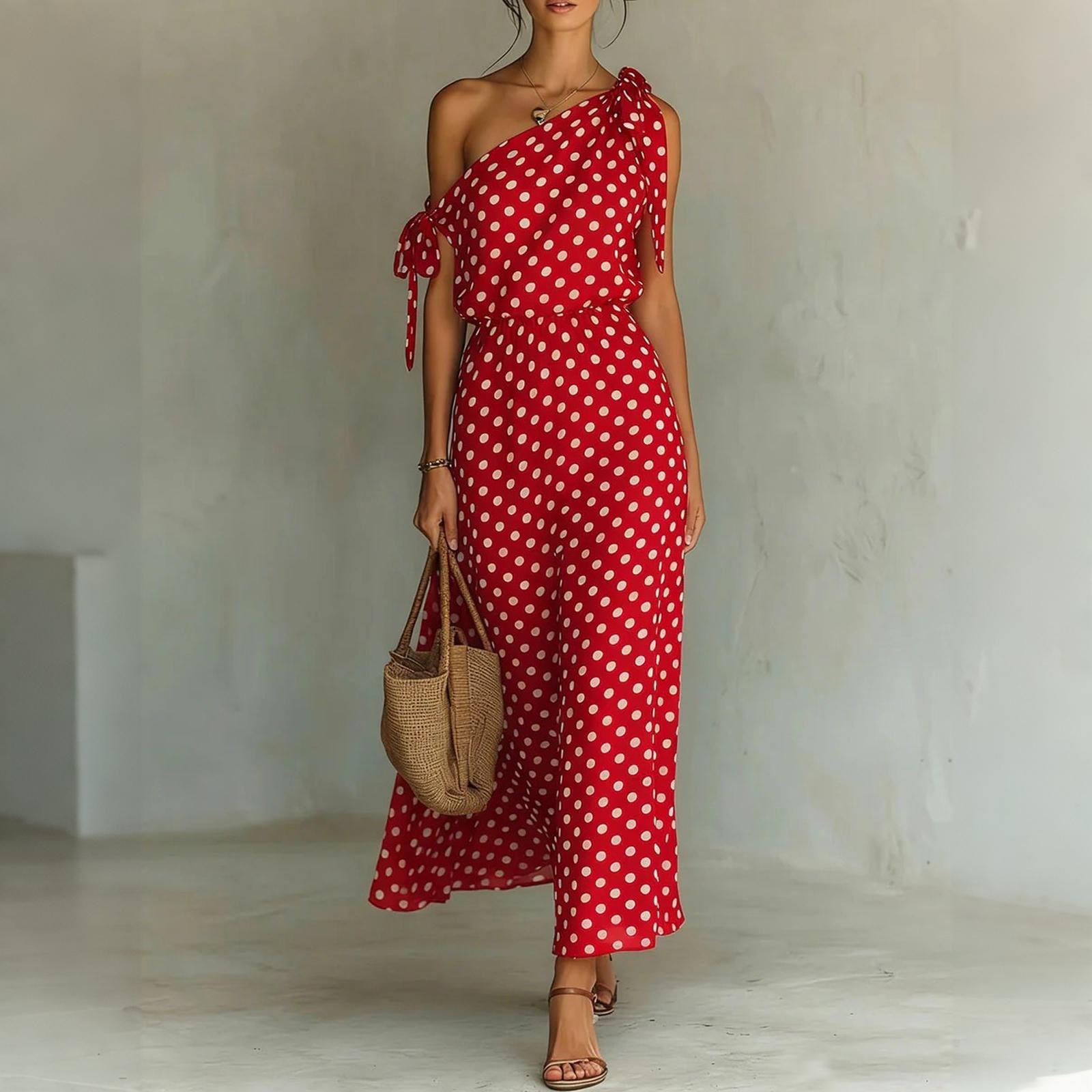 Women One Shoulder Sleeveless Casual Loose Fit Polka Dot Print Maxi Dress with Tie Detail and Elastic Waist for Summer S
Women One Shoulder Sleeveless Casual Loose Fit Polka Dot Print Maxi Dress with Tie Detail and Elastic Waist for Summer S
