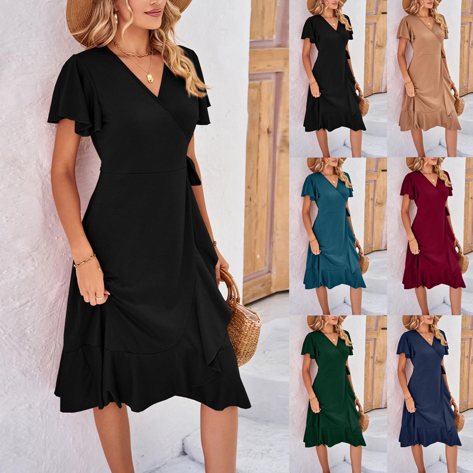 (Куниде) Женское повседневное летнее платье с коротким рукавом и V-образным вырезом, многоуровневое платье миди с оборками и нерегулярной формой 
(Куниде) Женское повседневное летнее платье с коротким рукавом и V-образным вырезом, многоуровневое платье миди с оборками и нерегулярной формой