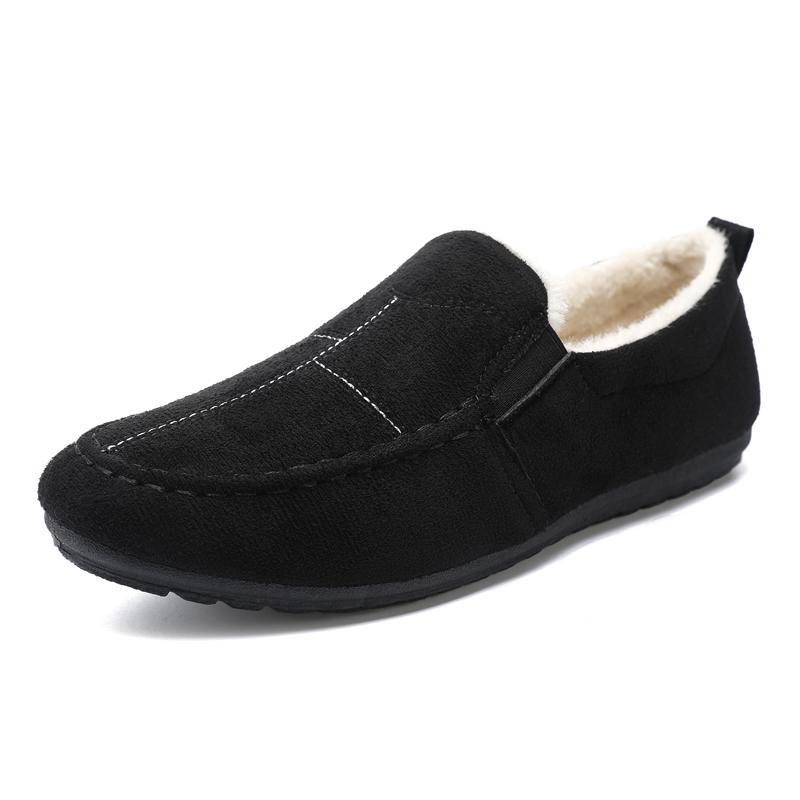 Зимняя мужская прогулочная повседневная обувь, сохраняющие тепло, лоферы из хлопка, офисные теплые черные модельные туфли с плюшем 43 чёрный