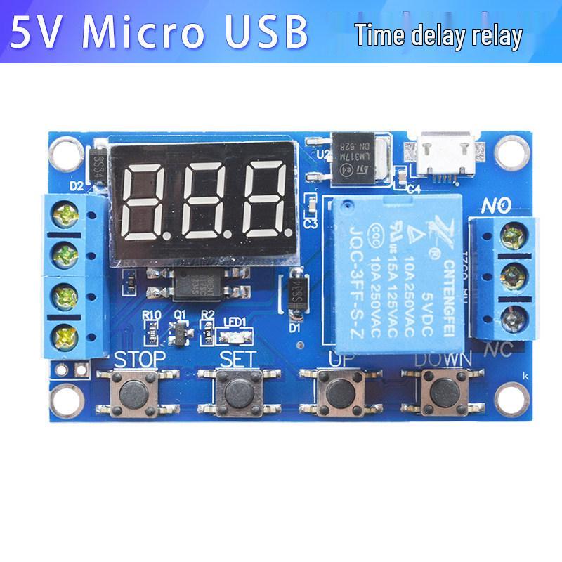 5V MicroUSB Time Delay Relay Module for Cycle Timing and Power-Off Switching
5V MicroUSB Time Delay Relay Module for Cycle Timing and Power-Off Switching