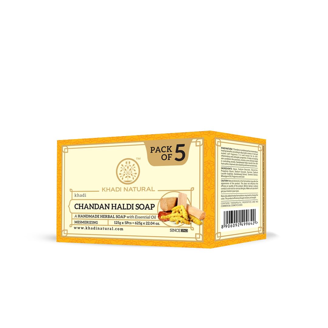 Khadi Natural Chandan Haldi Herbal Bath Soap With Essential Oils For Gentle Cleansing And Skin Care (125 g X 5 pcs )Pack Of 1
Khadi Natural Chandan Haldi Herbal Bath Soap With Essential Oils For Gentle Cleansing And Skin Care (125 g X 5 pcs )Pack Of 1