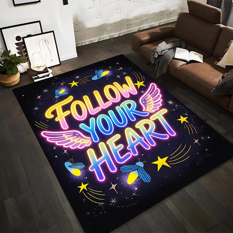 Neon Style Carpet with Follow Your Heart Text and Stars Design Suitable for use as an anti-slip for living room bedroom sofas 40x60cm( 15x23in )
Neon Style Carpet with Follow Your Heart Text and Stars Design Suitable for use as an anti-slip for living room bedroom sofas 40x60cm( 15x23in )