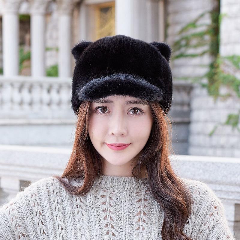 Новая норковая шапка женская зимняя теплая норковая с кошачьими ушками меховая защита ушей шапка универсальная бейсболка чёрный