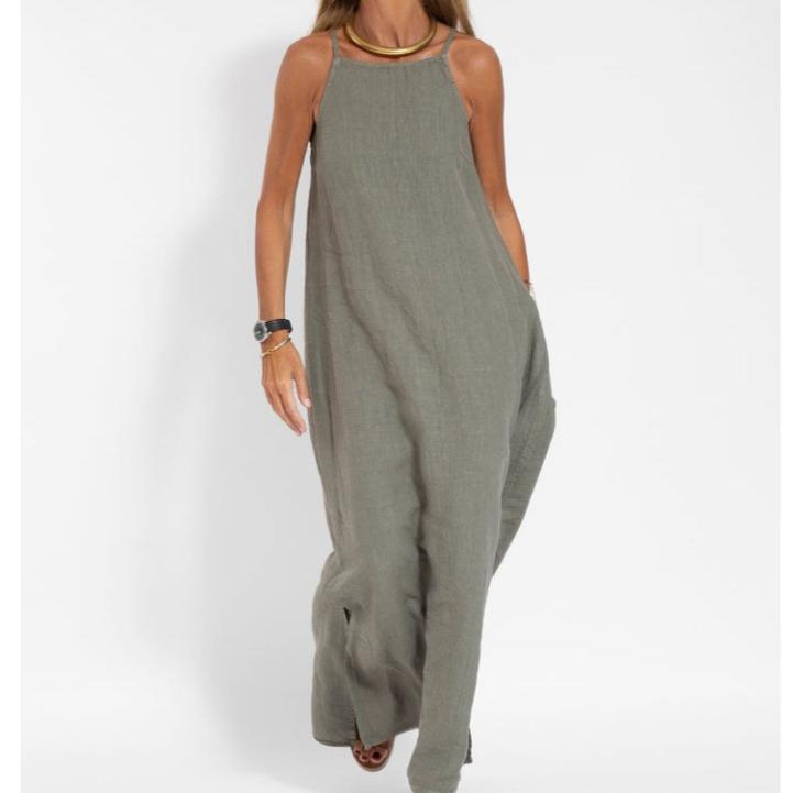 Женское сексуальное платье без рукавов с воротником-халтер, повседневное, из хлопка и льна, с разрезом, на тонких бретельках, длинное макси-платье L армия зеленый