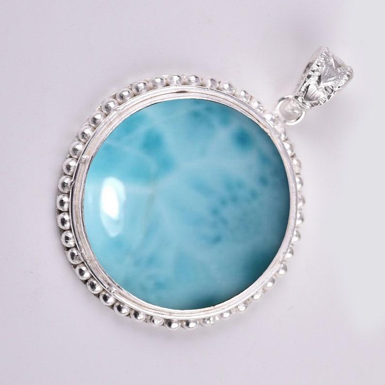 Solid 925 Sterling Silver Natural Larimar Gemstone Round Pendant Healing Jewelry, Gift For Her, Designer Pendant
Solid 925 Sterling Silver Natural Larimar Gemstone Round Pendant Healing Jewelry, Gift For Her, Designer Pendant