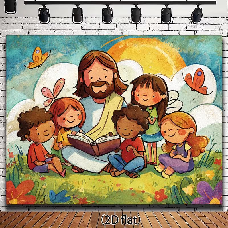 2D Cartoon Jesus & Children Scene Wall Tapestry, Christian Bible Story Backdrop for Classroom Decor 47.2x31.5inch/120*80cm
2D Cartoon Jesus & Children Scene Wall Tapestry, Christian Bible Story Backdrop for Classroom Decor 47.2x31.5inch/120*80cm