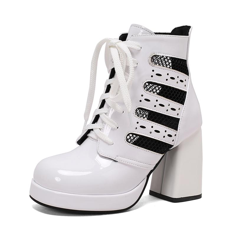 Дышащая сетчатая вставка, глянцевая лакированная кожа, шнуровка, женские короткие ботинки на платформе, ультравысокий толстый каблук, ажурные ботильоны 39 белый
Дышащая сетчатая вставка, глянцевая лакированная кожа, шнуровка, женские короткие ботинки на платформе, ультравысокий толстый каблук, ажурные ботильоны 39 белый