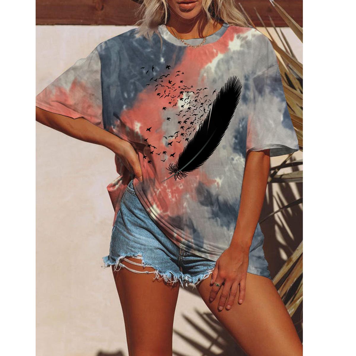 Летняя женская мода футболка с принтом тай-дай, топы, футболки, женская одежда с коротким рукавом и принтом перьев, повседневная стильная женская одежда 3XL
Летняя женская мода футболка с принтом тай-дай, топы, футболки, женская одежда с коротким рукавом и принтом перьев, повседневная стильная женская одежда 3XL