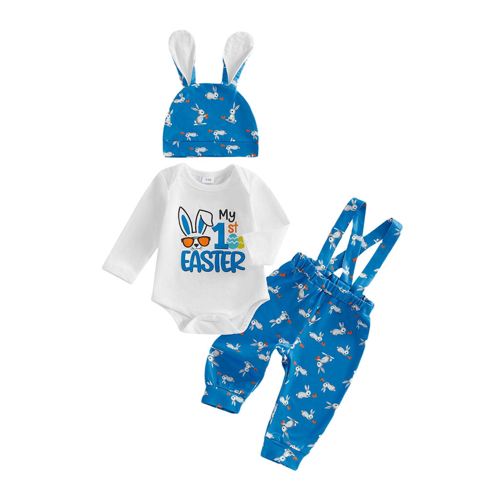Baby Boy Easter Outfits Bunny Print Crew Neck Long Sleeve Romper Suspender Pants and Cap 3 Pcs Set 12-18M синій
Baby Boy Easter Outfits Bunny Print Crew Neck Long Sleeve Romper Suspender Pants and Cap 3 Pcs Set 12-18M синій