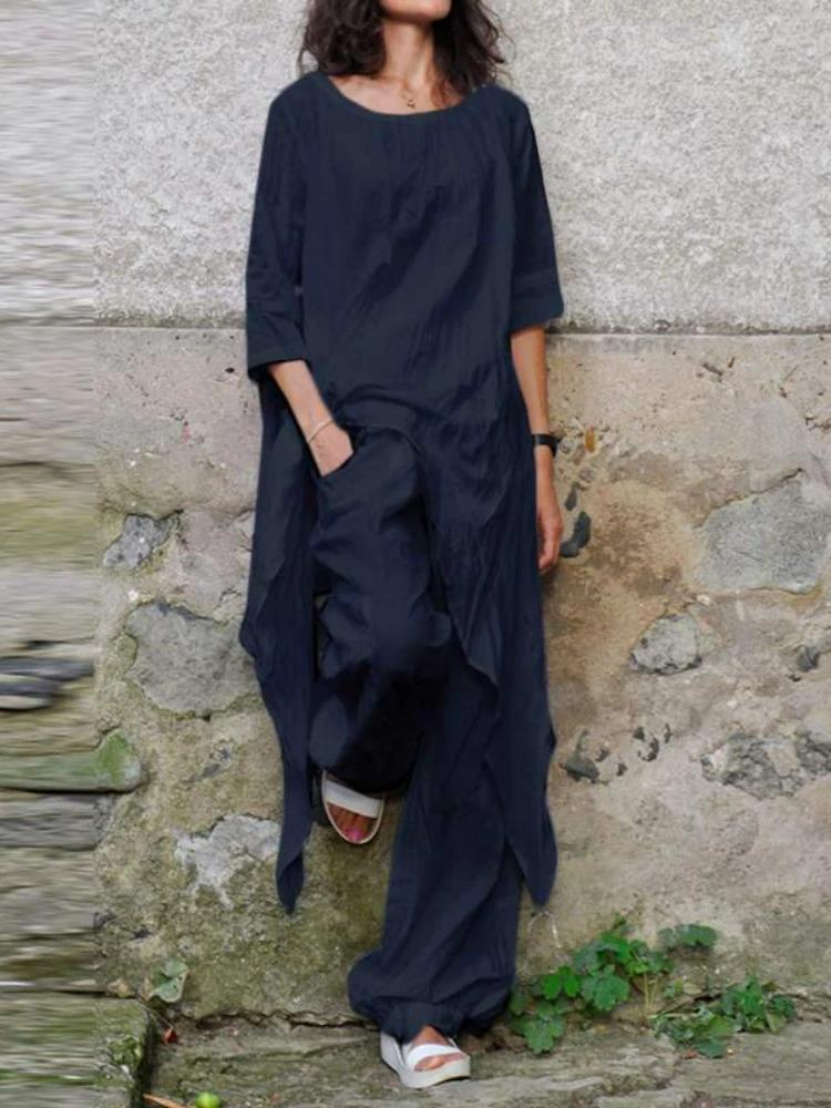 Summer Fashion Casual Loose Top Irregular Hem Round Neck Cotton Linen Top Loose Leg Pants Elegant Two Piece Set 5XL темно-синього кольору
Summer Fashion Casual Loose Top Irregular Hem Round Neck Cotton Linen Top Loose Leg Pants Elegant Two Piece Set 5XL темно-синього кольору