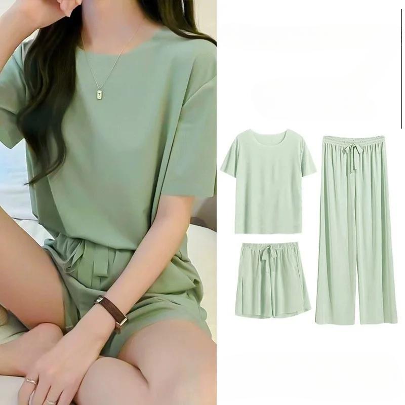 Летняя мягкая шелковая пижама из трех частей, женская домашняя одежда, простой и удобный свободный костюм с короткими рукавами и шортами size45-70kg зелёный
Летняя мягкая шелковая пижама из трех частей, женская домашняя одежда, простой и удобный свободный костюм с короткими рукавами и шортами size45-70kg зелёный