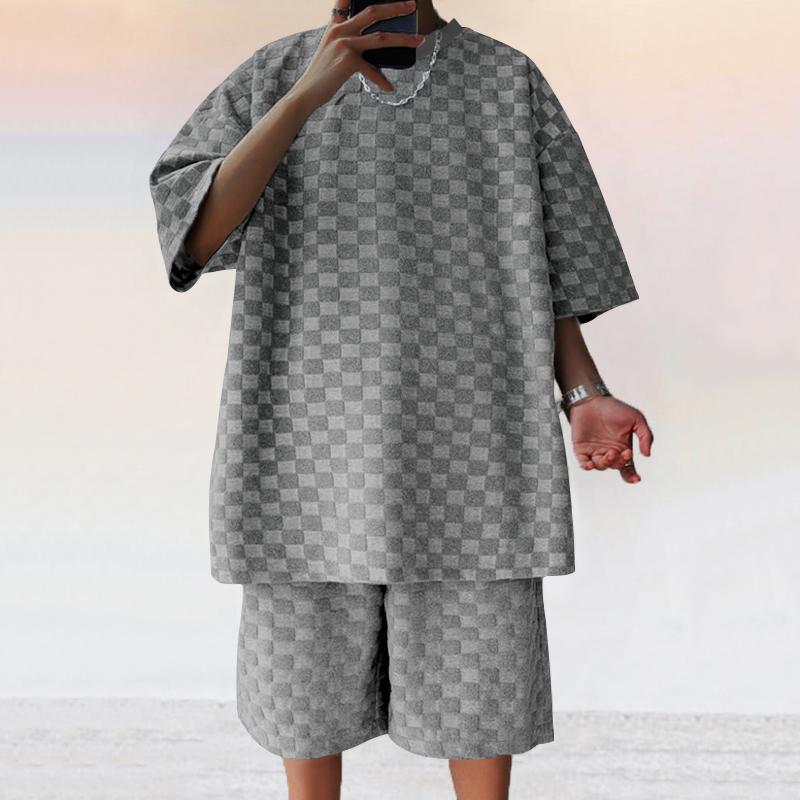 Men s Summer Jacquard Plaid Short-sleeved T-shirt Loose Large Size Straight Leg Casual Shorts Set XXXL сірий
Men s Summer Jacquard Plaid Short-sleeved T-shirt Loose Large Size Straight Leg Casual Shorts Set XXXL сірий