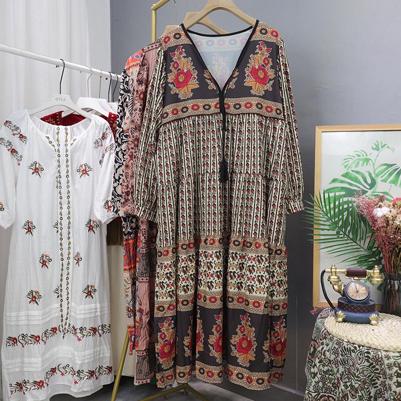 Длинное платье в стиле бохо с принтом для отпуска, весна-осень, свободная одежда в стиле ретро, элегантные платья с длинным рукавом, V-образным вырезом, шнуровкой, цветочным узором в этническом стиле XL