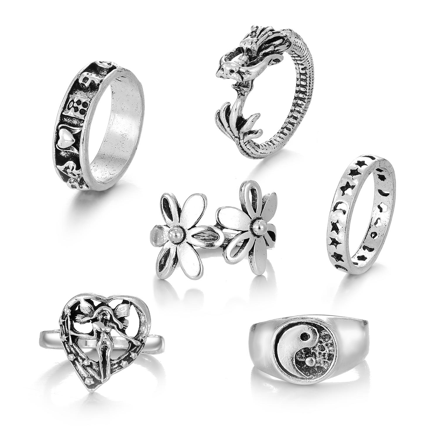 Цветок Резьба Звезда Луна Ретро Ювелирные Изделия Женский Очарование Ночной Клуб Темперамент Кольцо Набор серебряный