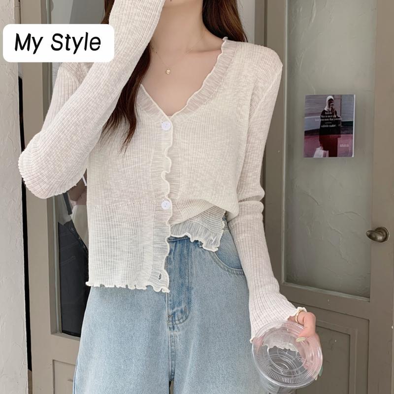 Деревянные уши с V-образным вырезом и тонким солнцезащитным кремом, вязаный кардиган с длинными рукавами и женский модный топ 
Деревянные уши с V-образным вырезом и тонким солнцезащитным кремом, вязаный кардиган с длинными рукавами и женский модный топ