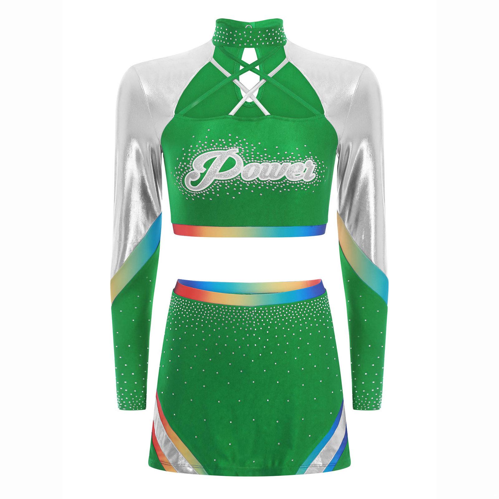 Жіночий костюм для черлідингу з двох предметів, комплект, кроп-топ з довгим рукавом та перехресними бретелями, танцювальна спідниця, стрази, костюм для виступу S зелений
Жіночий костюм для черлідингу з двох предметів, комплект, кроп-топ з довгим рукавом та перехресними бретелями, танцювальна спідниця, стрази, костюм для виступу S зелений