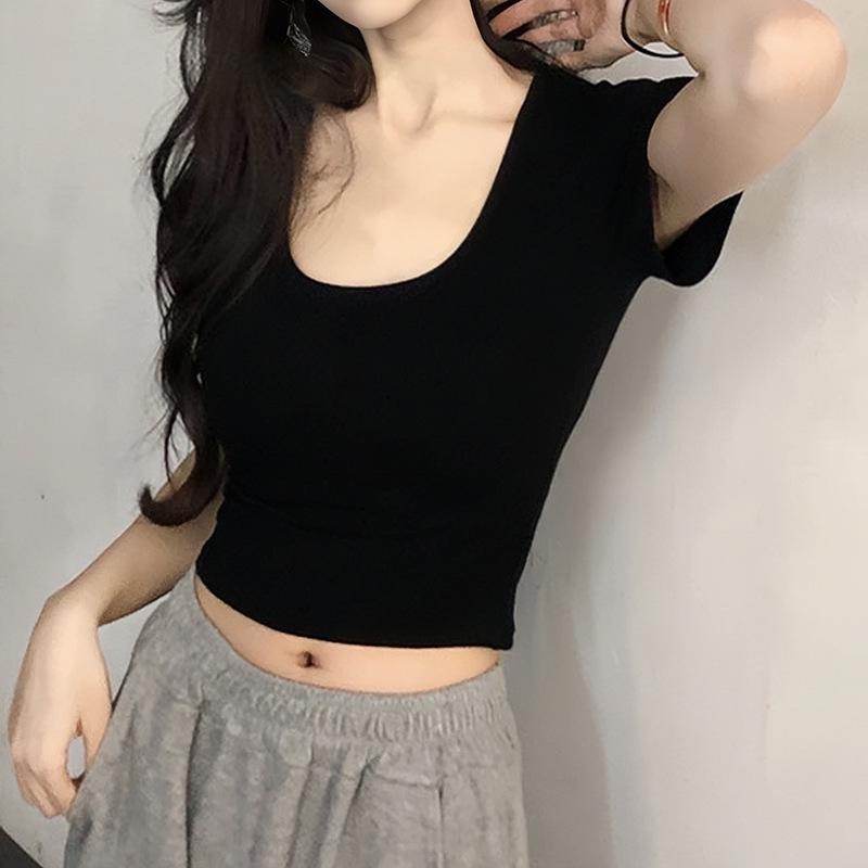 Женский укороченный топ из хлопка облегающего кроя с U-образным вырезом - Весенне-летняя футболка с коротким рукавом M for up to 50 kg чёрный
Женский укороченный топ из хлопка облегающего кроя с U-образным вырезом - Весенне-летняя футболка с коротким рукавом M for up to 50 kg чёрный