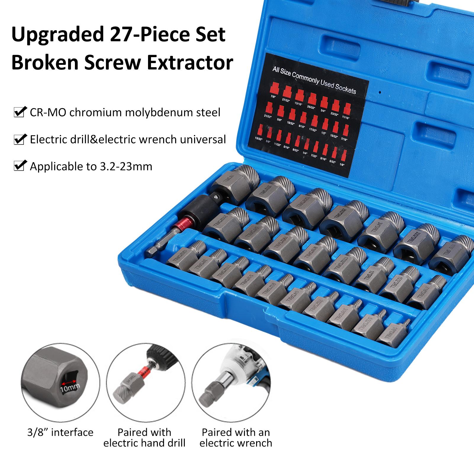 27PCS 42CrMo Screw Extractor Set, Easy Out Bolt Extractor Kit with 3 8 Inch Drive Hex Head, Multi Spline Rounded Bolt
27PCS 42CrMo Screw Extractor Set, Easy Out Bolt Extractor Kit with 3 8 Inch Drive Hex Head, Multi Spline Rounded Bolt