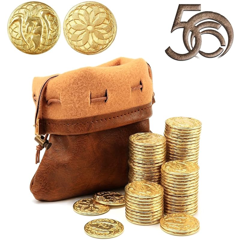 50 Gold Coins & PU Leather Bag, DND Metal Coins, Fantasy Coin Treasure for Board Games, Fake Coins as Game Tokens for Dungeons & Dragons, Tabletop
50 Gold Coins & PU Leather Bag, DND Metal Coins, Fantasy Coin Treasure for Board Games, Fake Coins as Game Tokens for Dungeons & Dragons, Tabletop