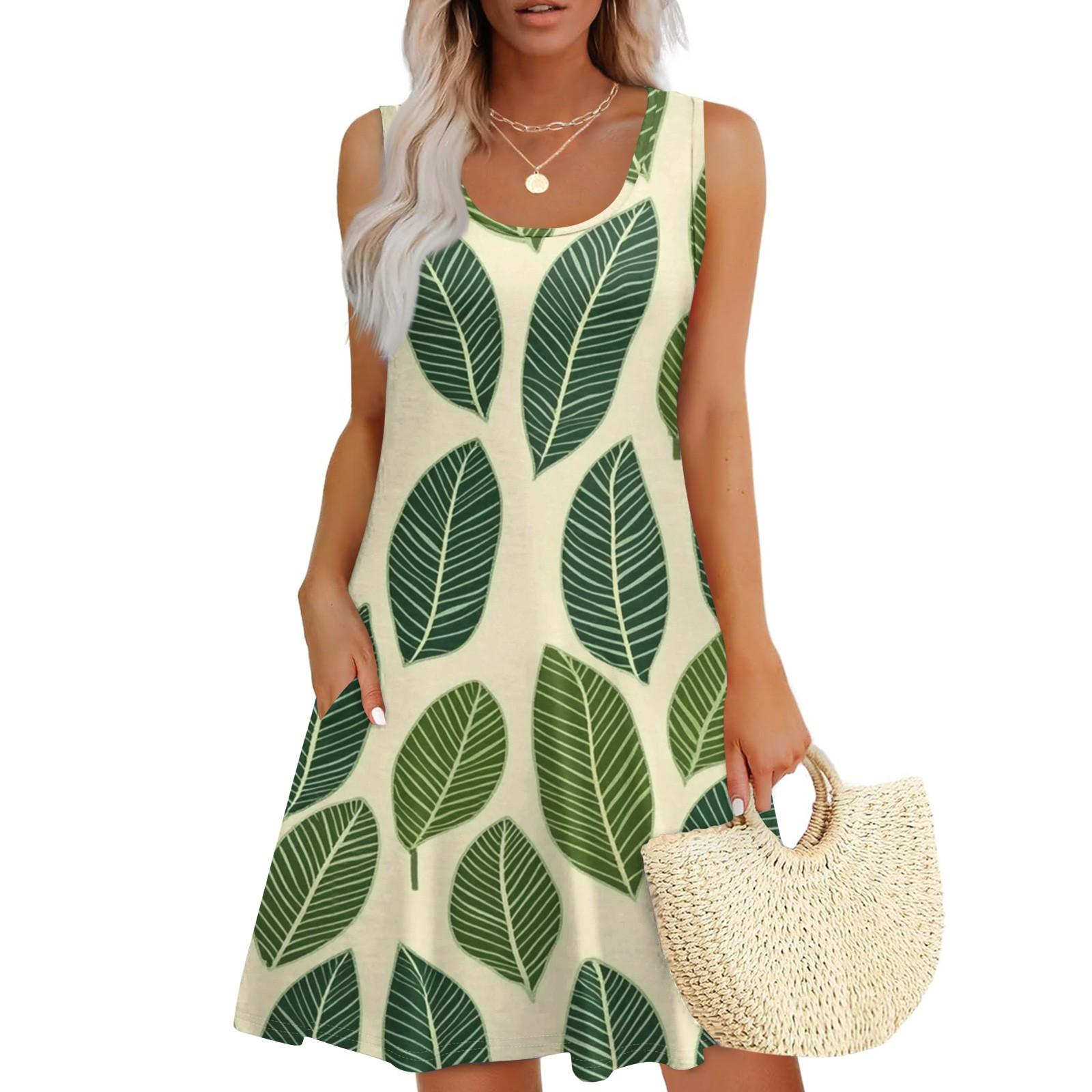 Женское повседневное модное платье с принтом и U-образным вырезом без рукавов L зелёный