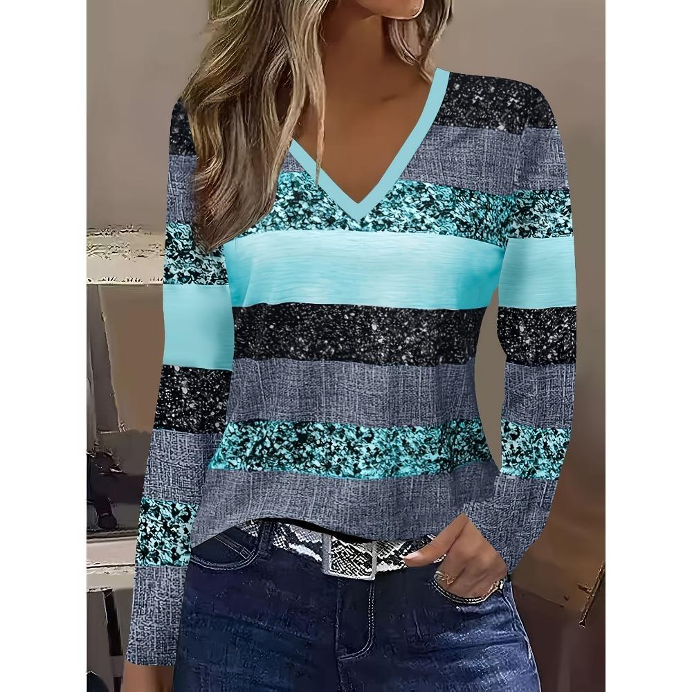 Ladies Elegant Turquoise Blue and Black Striped V-neck Long Sleeved Top S
Ladies Elegant Turquoise Blue and Black Striped V-neck Long Sleeved Top S