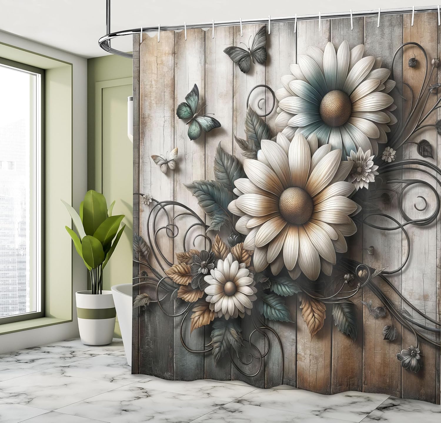 Vintage Shower Curtain, Rustic Farmhouse Design of Chamomiles with Butterfly and Curlicue Leaves, Cloth Fabric Bathroo 90x180cm
Vintage Shower Curtain, Rustic Farmhouse Design of Chamomiles with Butterfly and Curlicue Leaves, Cloth Fabric Bathroo 90x180cm