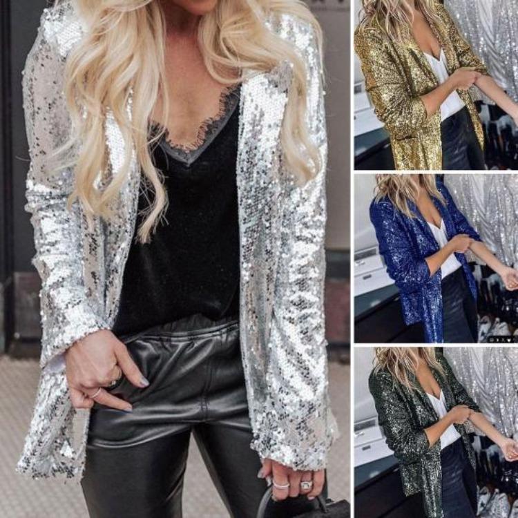 Shiny Sequins Women Casual Loose Fit Long Sleeve Cardigan Lapel Open Front Solid Color Suit Coat Clubwear Jacket S
Shiny Sequins Women Casual Loose Fit Long Sleeve Cardigan Lapel Open Front Solid Color Suit Coat Clubwear Jacket S