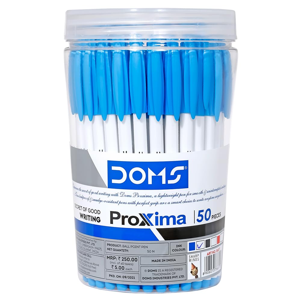 DOMS Proxima Ball Pen Blue 50 Pcs Jar Smooth Writing 0.7mm Fine Tip Pens for Office School Home Bulk Use Stationery Set
DOMS Proxima Ball Pen Blue 50 Pcs Jar Smooth Writing 0.7mm Fine Tip Pens for Office School Home Bulk Use Stationery Set