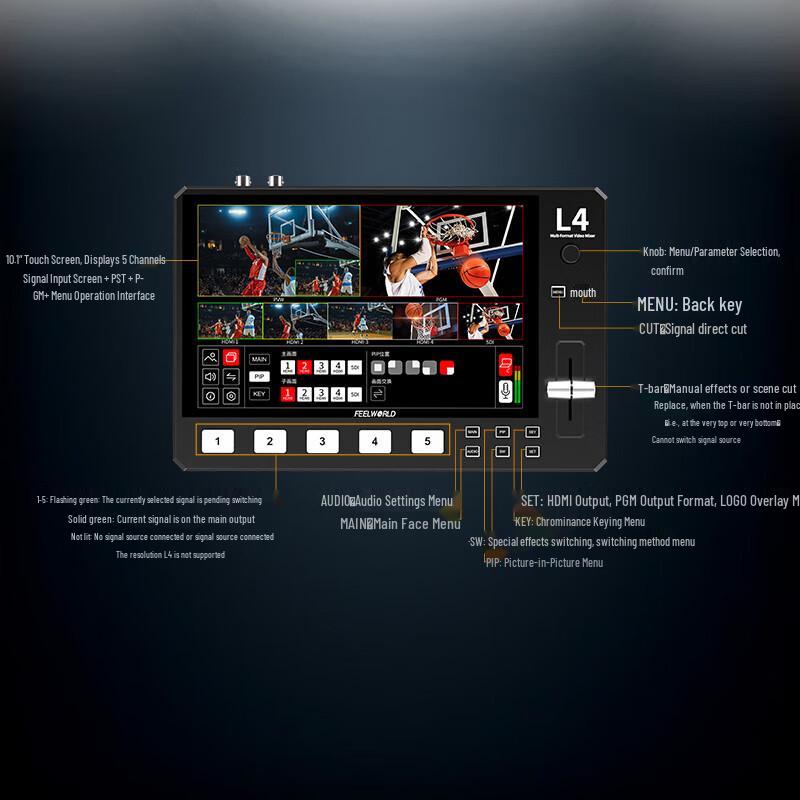 FEELWORLD L4 8 Switcher with 10.1 Touchscreen, HDMI & SDI for Multi-Camera Live Streaming чорний
FEELWORLD L4 8 Switcher with 10.1 Touchscreen, HDMI & SDI for Multi-Camera Live Streaming чорний