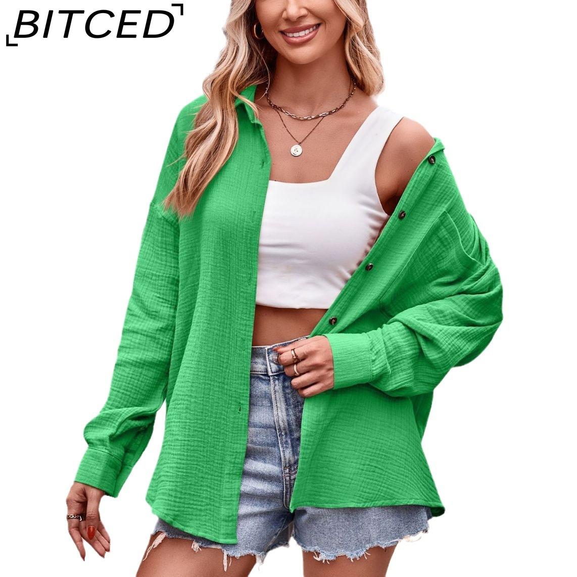 BITCED женская осенне-зимняя повседневная модная свободная однотонная рубашка с длинными рукавами и карманами
