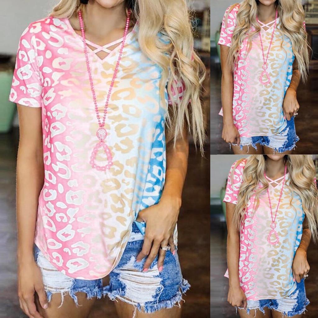 Women s V-neck Leopard Print Gradual Change Short Sleeve Shirts Blouses Tops 
Women s V-neck Leopard Print Gradual Change Short Sleeve Shirts Blouses Tops
