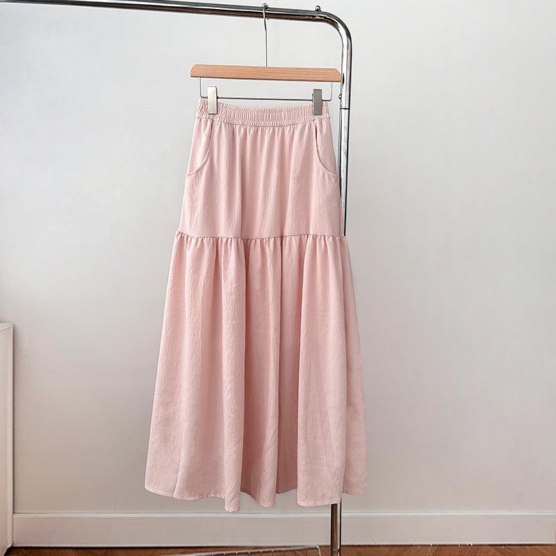 Корейская кремово-желтая юбка для женщин на весну и лето, новая тонкая с высокой талией, стильная свободная и универсальная юбка миди А-силуэта L розовый