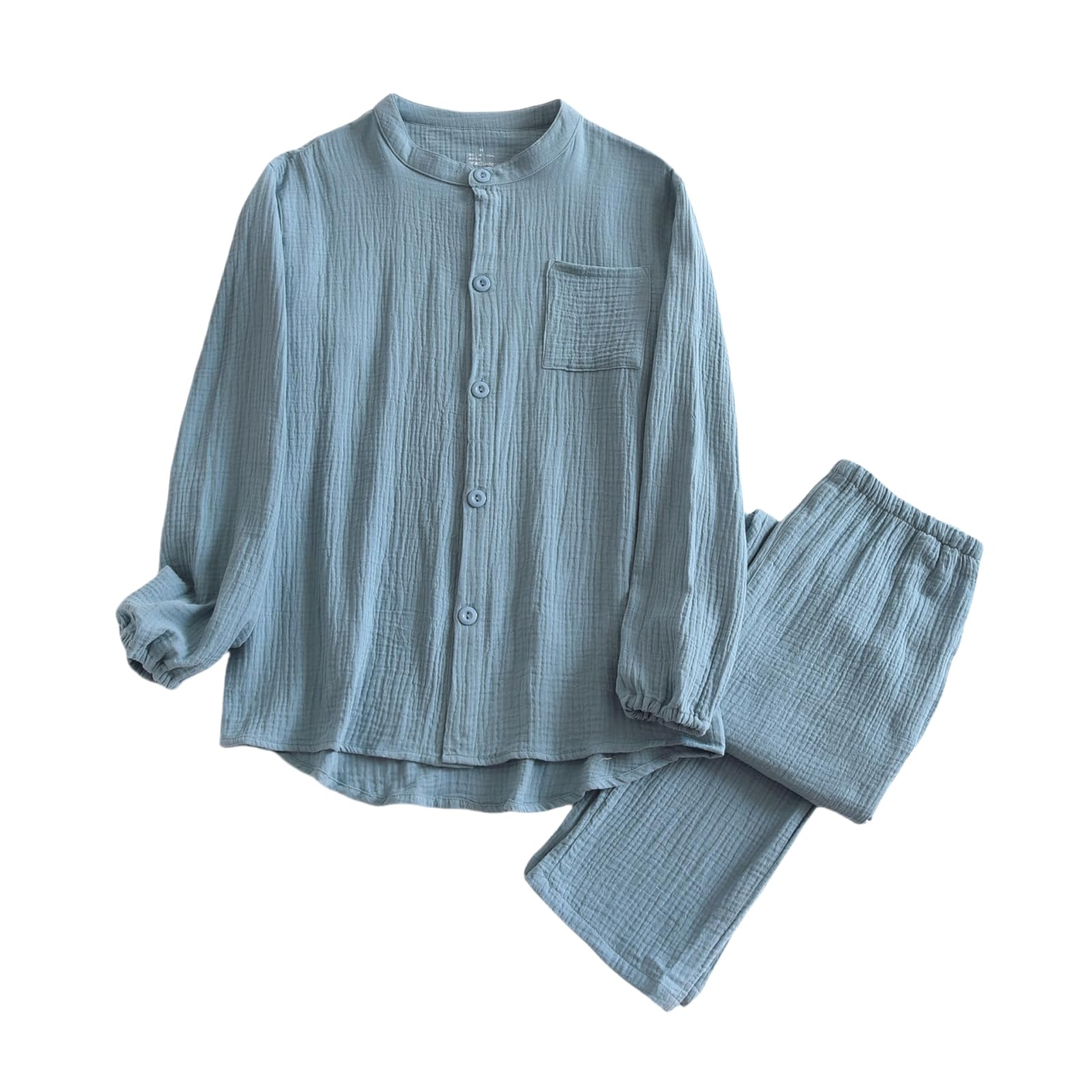 GDenFrog Топ с длинным рукавом из двойной марли и низ на резинке, Осенняя мужская пижама, 100% хлопок, Комплект, Домашняя одежда, Воротник, Дышащий, Впитывающий, Весна, синий