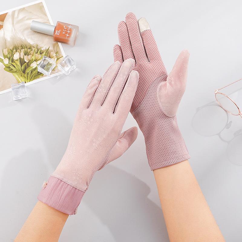 Летние солнцезащитные перчатки из ледяного шелка, женские тонкие уличные, с защитой от УФ-лучей, сенсорные, для вождения, езды на велосипеде, дышащие кружевные перчатки average size