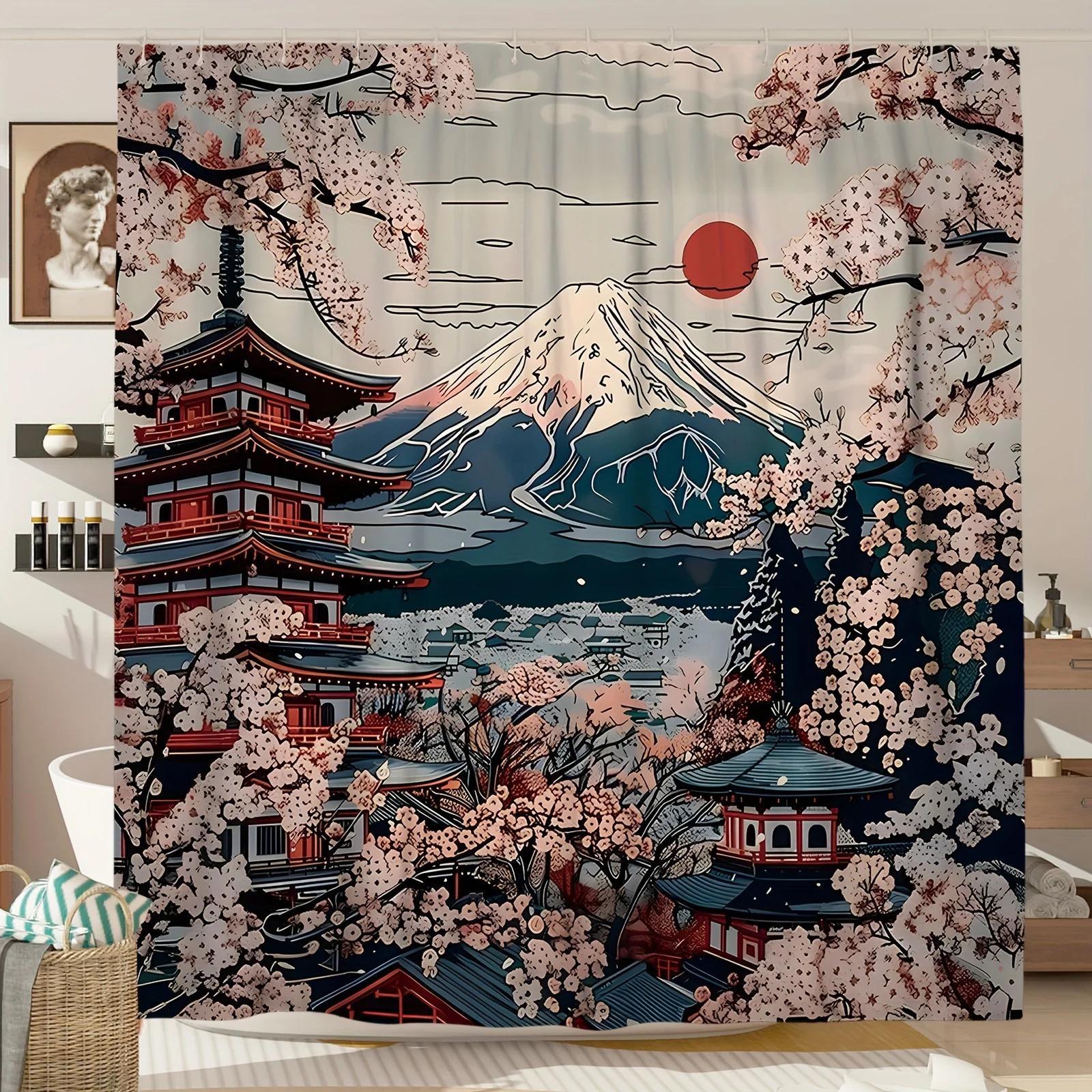 1Pc Japanese Retro Shower Curtain - Cherry Blossom & Mountain Design, Red Sun Blue Pink Hues, Polyester , Machine Washable W60H190(CM)-1 Pcs
1Pc Japanese Retro Shower Curtain - Cherry Blossom & Mountain Design, Red Sun Blue Pink Hues, Polyester , Machine Washable W60H190(CM)-1 Pcs
