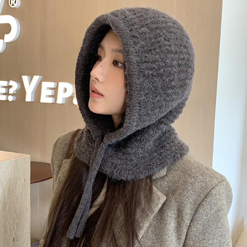 Однотонная вязаная шапка-шарф, универсальная, теплая, ветрозащитная шапка-пуловер, женская осенне-зимняя шерстяная шапка One Size чёрный