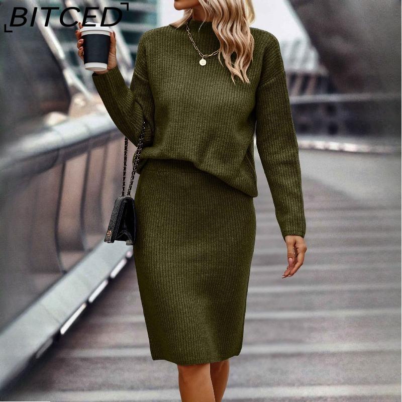 BITCED Женское теплое вязаное платье с длинными рукавами, облегающего кроя, с высоким воротом, для зимы XXL армия зеленый