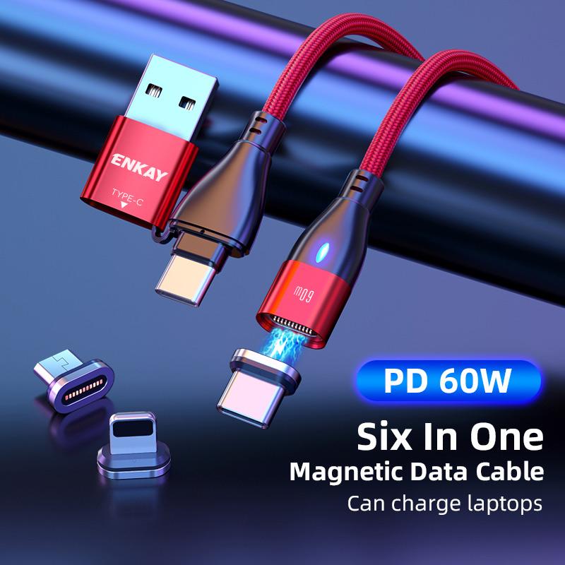ENKAY HAT PRINCE 6-in-1 2m PD 60W Cable Type-C/USB-A to IP/Type-C/Micro USB Magnetic Data Cord Black
ENKAY HAT PRINCE 6-in-1 2m PD 60W Cable Type-C/USB-A to IP/Type-C/Micro USB Magnetic Data Cord Black