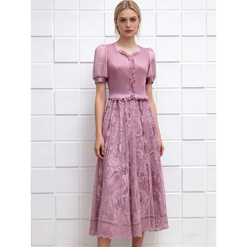 Elegant Lace Patchwork Mesh Dress - Long Pleated with Short Sleeves for Women One Size
Elegant Lace Patchwork Mesh Dress - Long Pleated with Short Sleeves for Women One Size