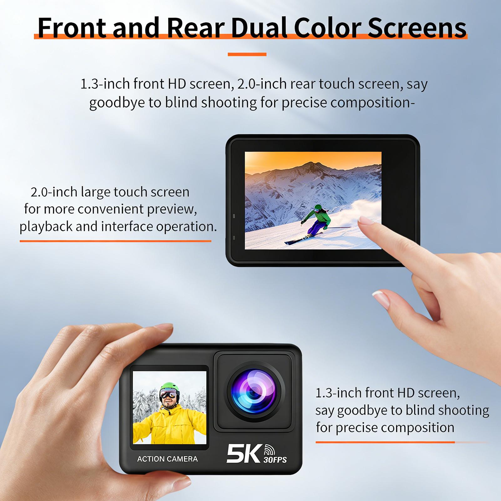 5K WiFi Action Camera 30FPS 2 Inch Touch Screen 170 degrees Wide Angle 6 Axis Stabilization Underwater Camera with
5K WiFi Action Camera 30FPS 2 Inch Touch Screen 170 degrees Wide Angle 6 Axis Stabilization Underwater Camera with