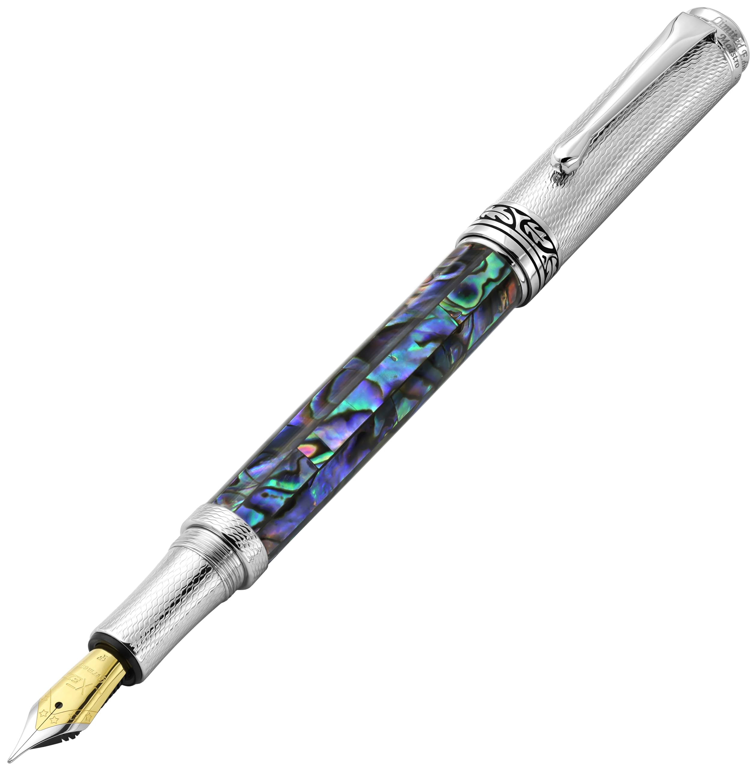 Xezo Maestro fountain medium paua chrome limited serial numbered pen, nib, shell, plated, handmade, edition,
Xezo Maestro fountain medium paua chrome limited serial numbered pen, nib, shell, plated, handmade, edition,