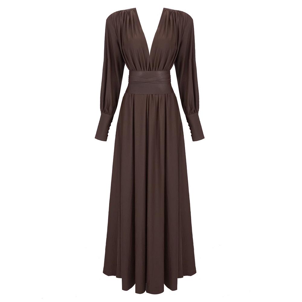 Coffee V-Neck Pleated Dress with Waistband - Long Sleeve, European & American Style XL кофейный
Coffee V-Neck Pleated Dress with Waistband - Long Sleeve, European & American Style XL кофейный