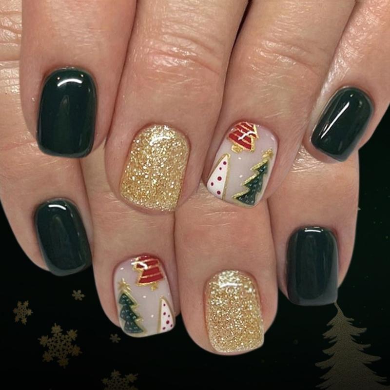 Pack of 24 Festival Press On Nail Christmas Tree Pattern Holiday Nail Art Wear Gold Glitters Full Cover Fake Nail 1
Pack of 24 Festival Press On Nail Christmas Tree Pattern Holiday Nail Art Wear Gold Glitters Full Cover Fake Nail 1