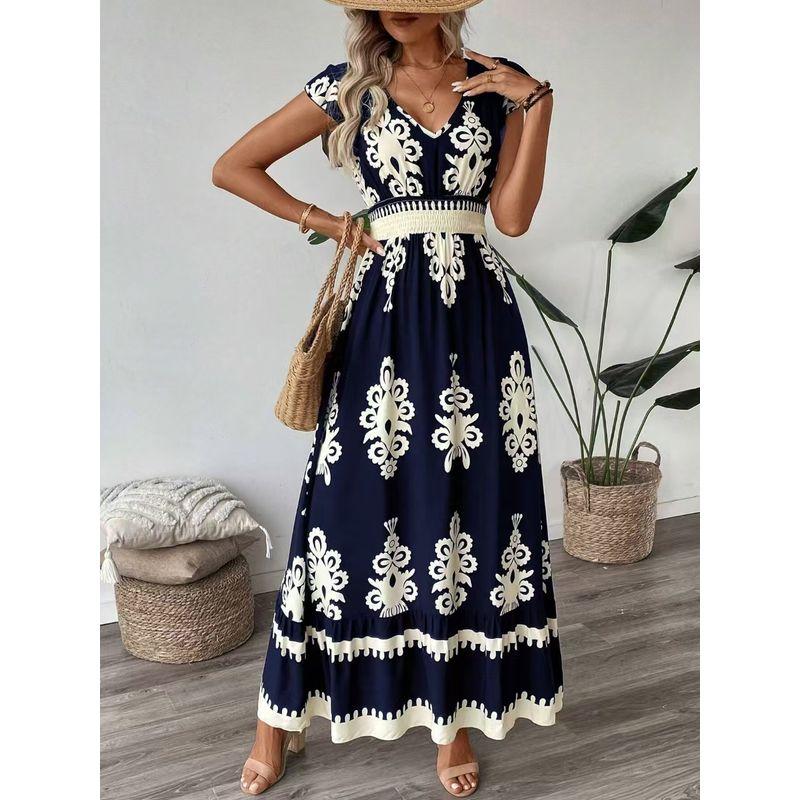 Summer New V-neck Printed Waist-Controlled Slimming Flounce Dress Fashion Sanya Vacation Seaside Beach Dress Navy blue M
Summer New V-neck Printed Waist-Controlled Slimming Flounce Dress Fashion Sanya Vacation Seaside Beach Dress Navy blue M