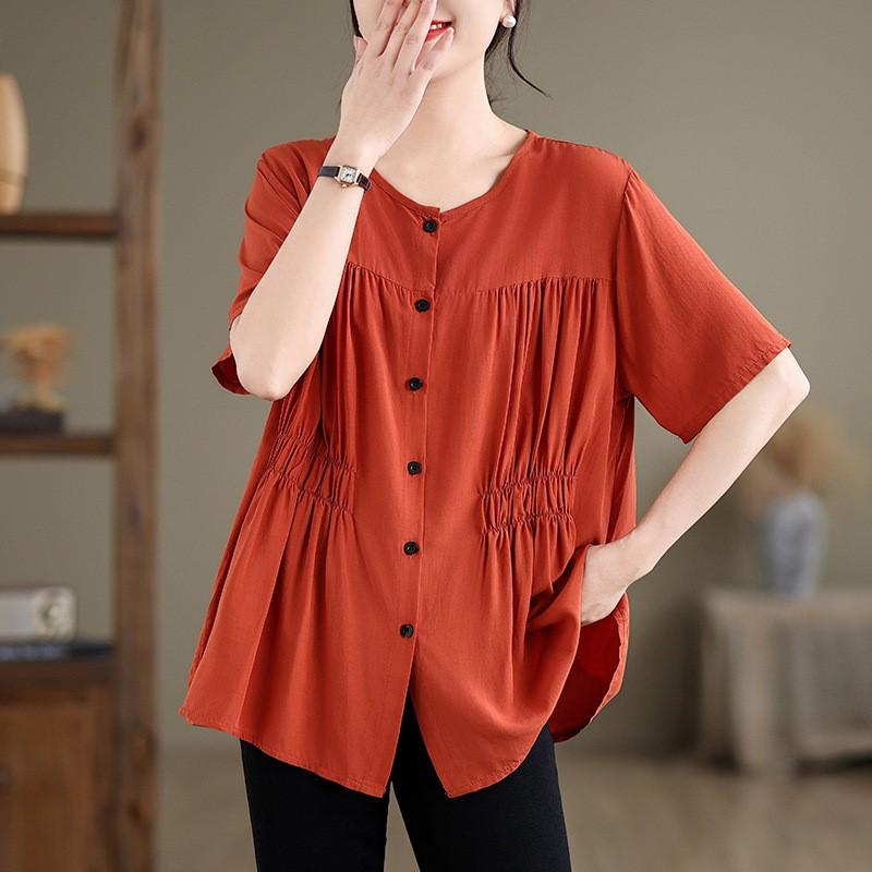 Johnature однотонные простые женские блузки топы повседневные плиссированные свободные универсальные рубашки с круглым вырезом и короткими рукавами на пуговицах 
Johnature однотонные простые женские блузки топы повседневные плиссированные свободные универсальные рубашки с круглым вырезом и короткими рукавами на пуговицах