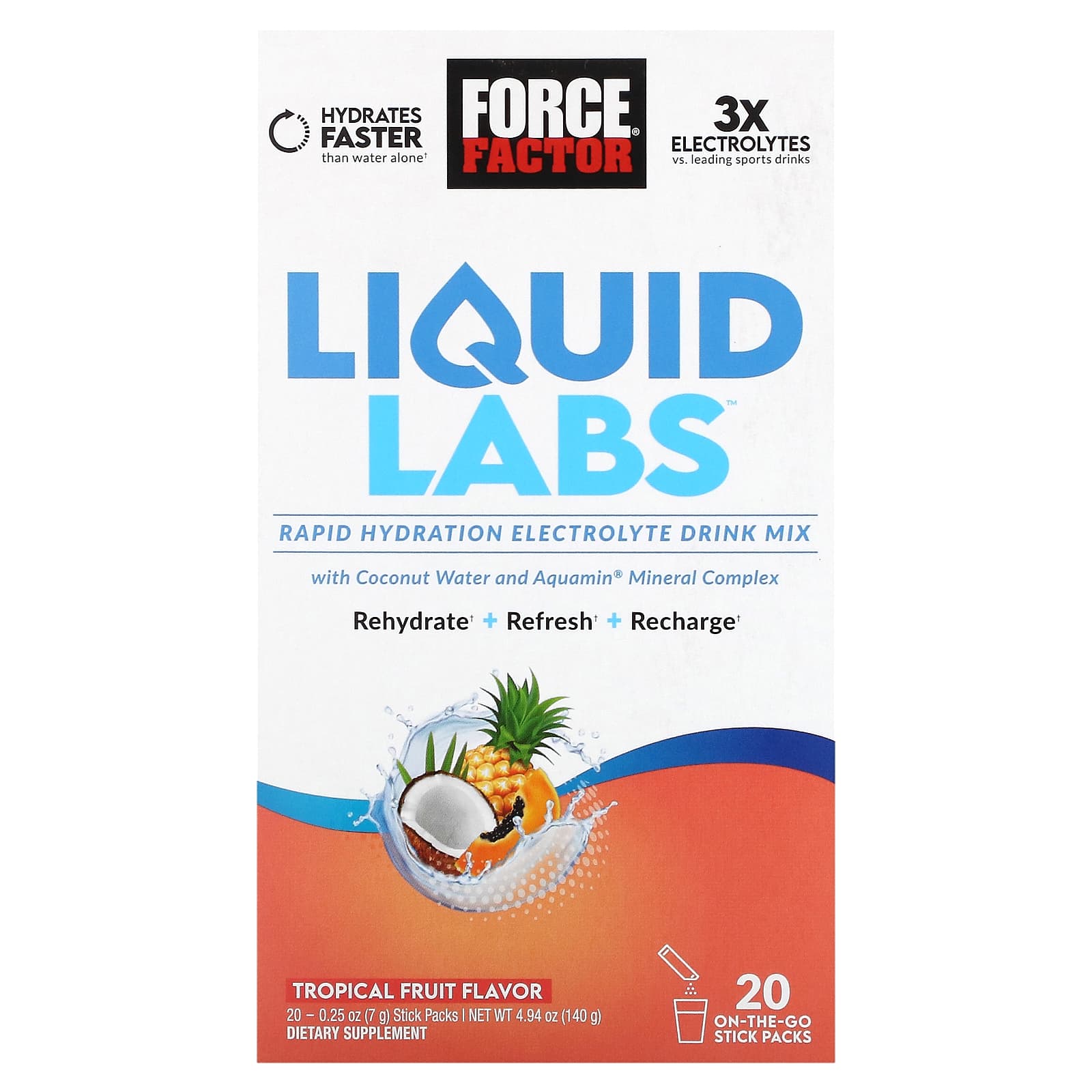 Liquid Labs, Quick Hydration, Electrolyte Drink Mix, Tropical Fruit, 20 Stick Packs, 7G (0.25Oz) Each
Liquid Labs, Quick Hydration, Electrolyte Drink Mix, Tropical Fruit, 20 Stick Packs, 7G (0.25Oz) Each