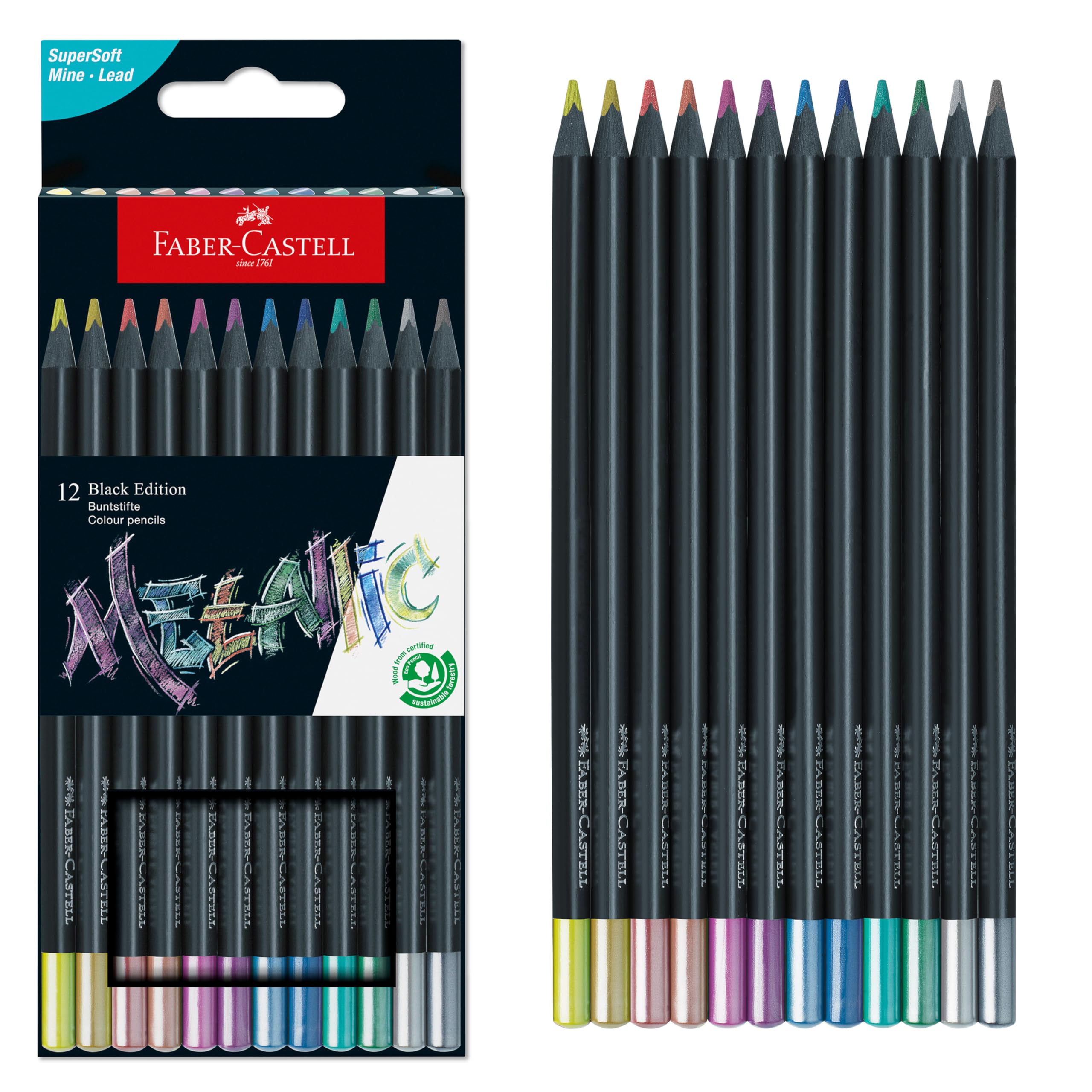 Black Edition Metallic Colored Set with Black Wood and Super Soft Metallic Colored Coloring Pencils for and Artists Faber-Castell Pencils 12-Piece
Black Edition Metallic Colored Set with Black Wood and Super Soft Metallic Colored Coloring Pencils for and Artists Faber-Castell Pencils 12-Piece