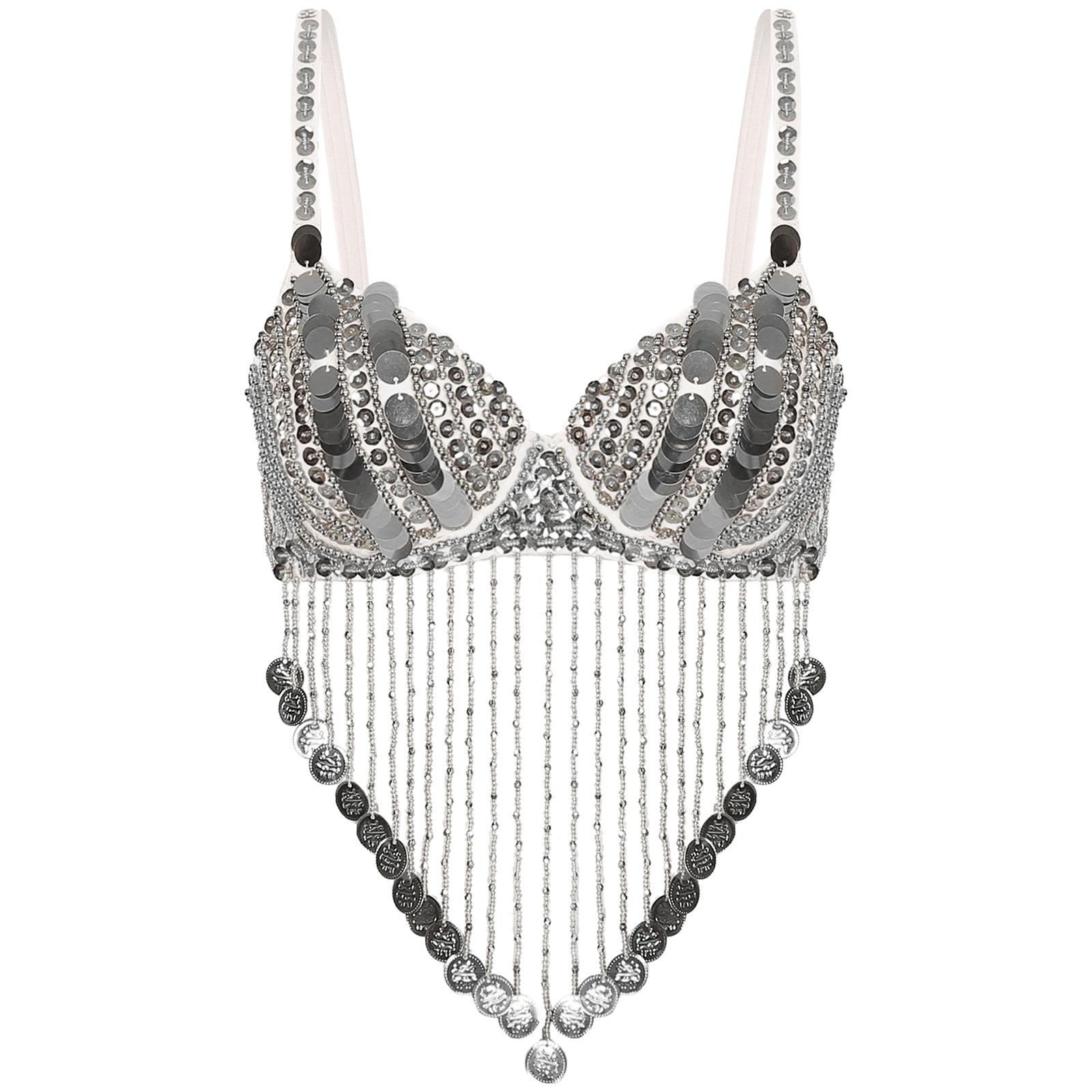 Womens Belly Dance Bra Adjustable Straps Design Shiny Sequins Plastic Beaded Tassels Underwired Costume One Size срібний
Womens Belly Dance Bra Adjustable Straps Design Shiny Sequins Plastic Beaded Tassels Underwired Costume One Size срібний