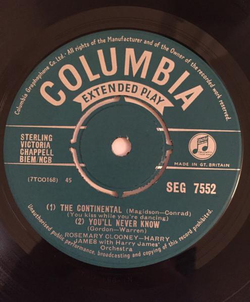 7inch Record ROSEMARY CLOONEY - HARRY JAMES, HAR - The Continental (You Kiss While You SEG7552 Columbia 1954 UK Jazz Used
7inch Record ROSEMARY CLOONEY - HARRY JAMES, HAR - The Continental (You Kiss While You SEG7552 Columbia 1954 UK Jazz Used