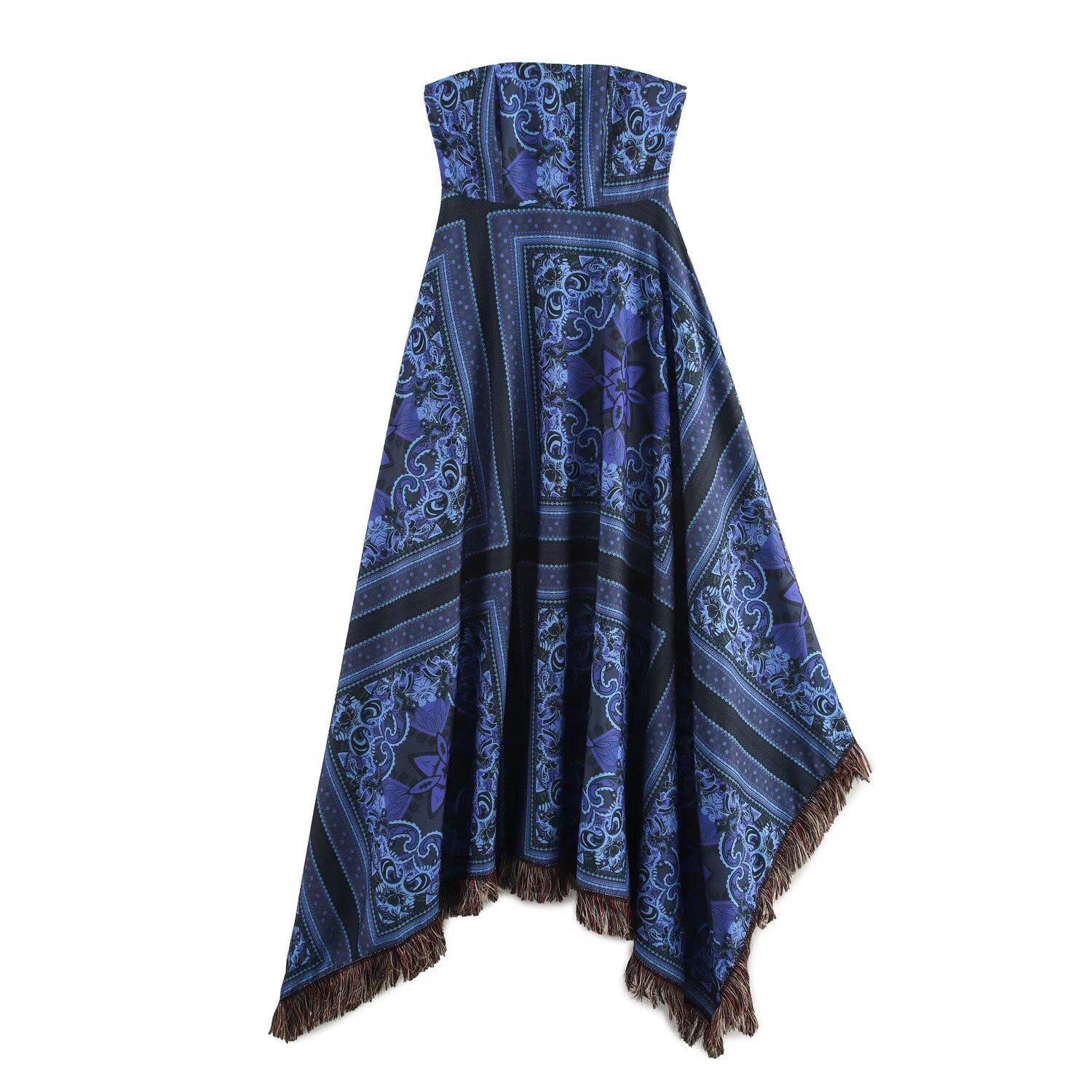 Осень 2024 Женское длинное платье без бретелей с бахромой и асимметричным подолом - Европейский и американский стиль Medium